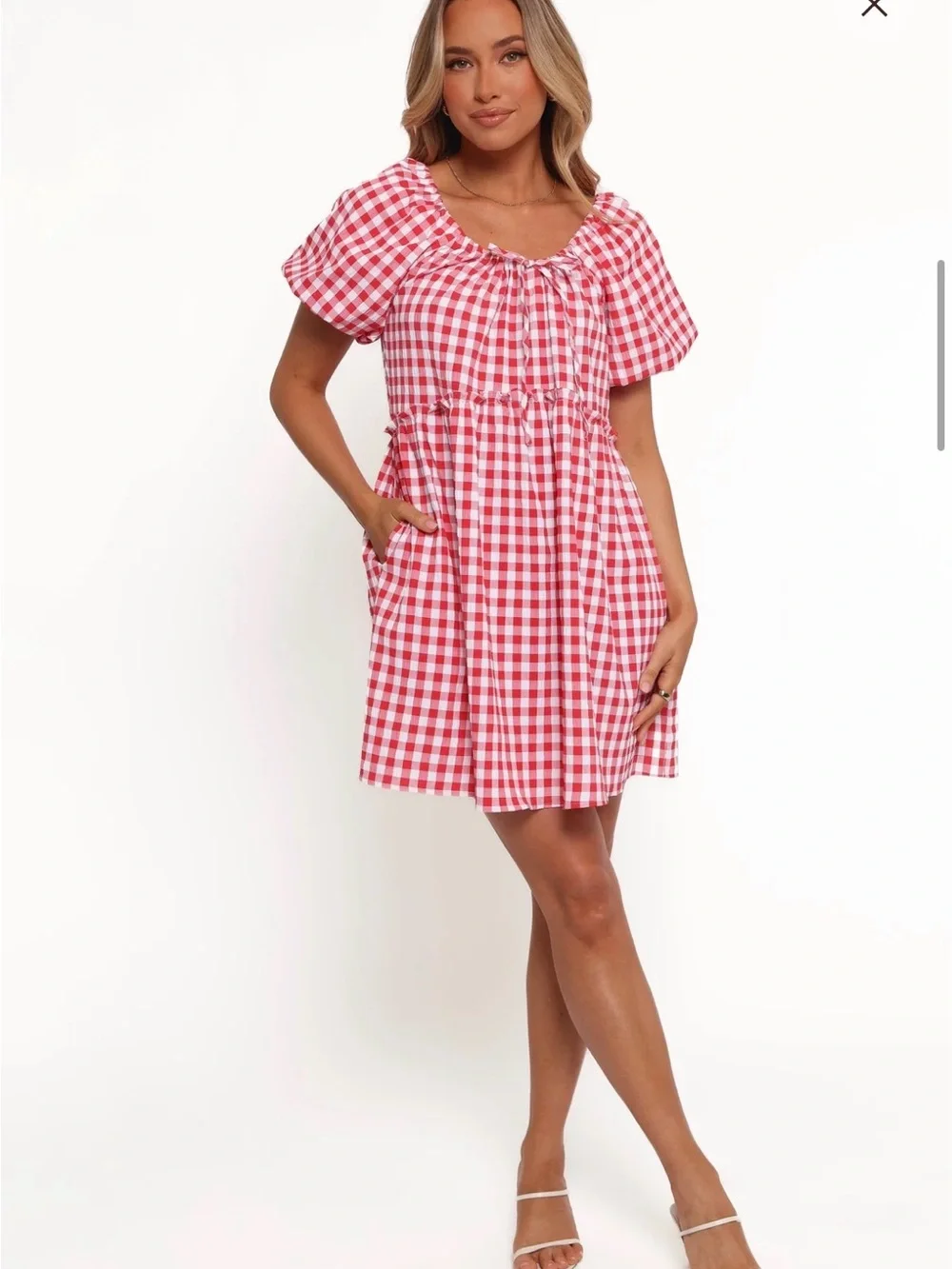 Petal & Pup Red and White Gingham Drawstring Mini Dress - Picture 2 of 4